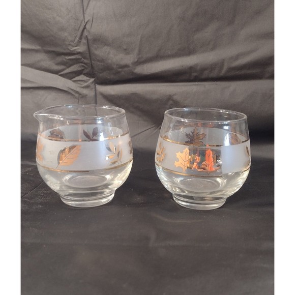 Mid Century Libbey Glass Frosted Gold Leaf Sugar & Creamer in Metal Holder - Picture 5 of 7